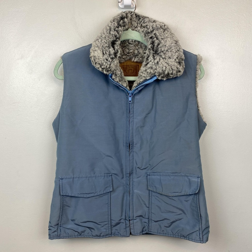 Vintage Woolrich Vest Womens Medium Blue Sherpa Lined Zip‎ Pockets USA 80s